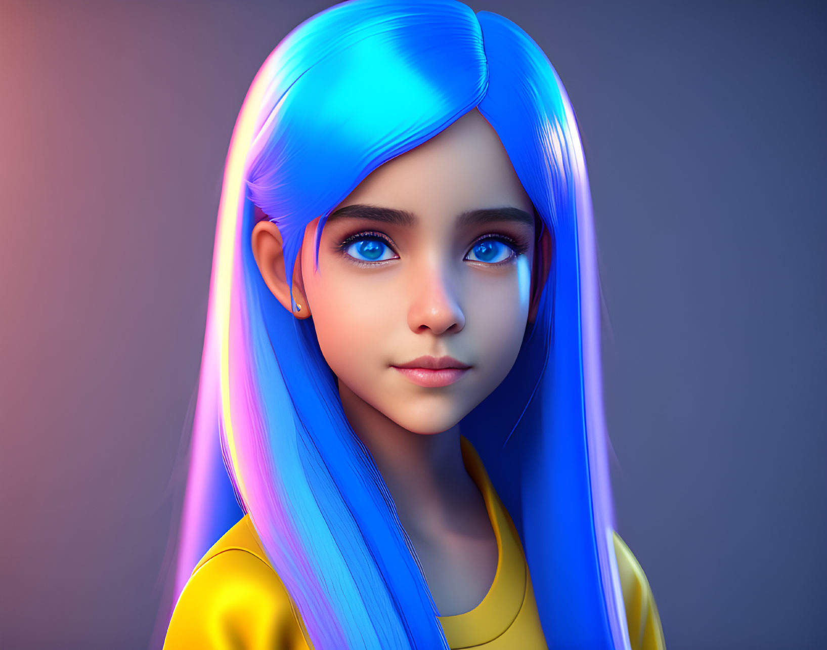 Vibrant blue-haired girl in yellow top on gradient background