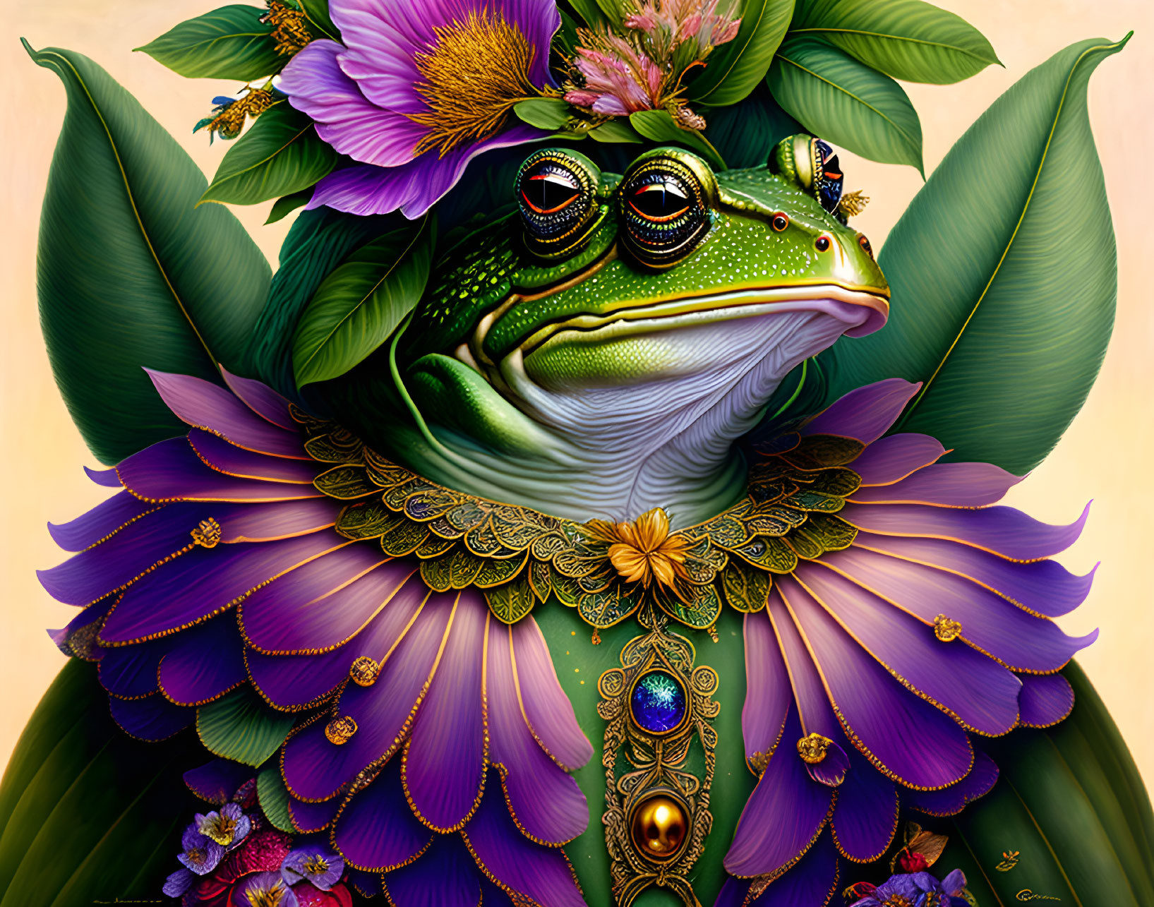 Colorful anthropomorphic frog with ornate jewelry and floral collar