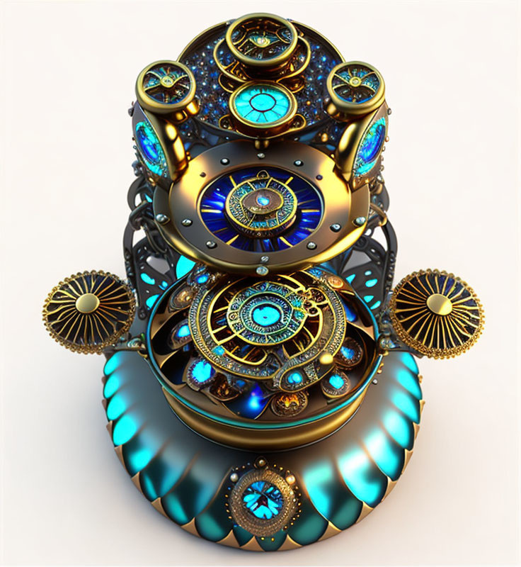 Intricate futuristic machine with blue and gold patterns