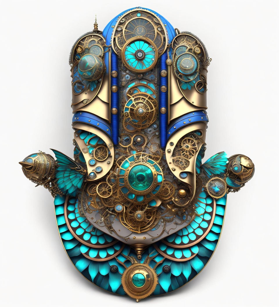 Intricate steampunk art: gears, metallic details, blue accents