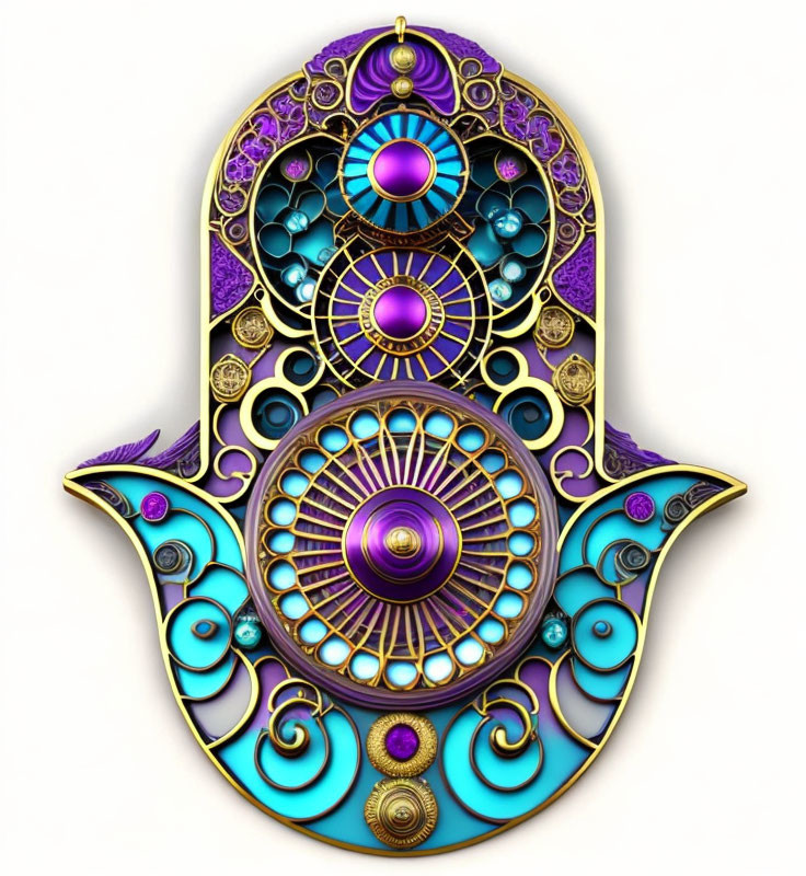 Colorful Hamsa Hand with Intricate Patterns in Purple, Gold, and Turquoise