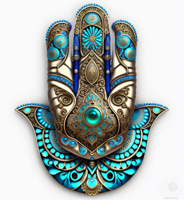 Detailed Hamsa Hand Illustration with Blue, Gold, and Teal Patterns