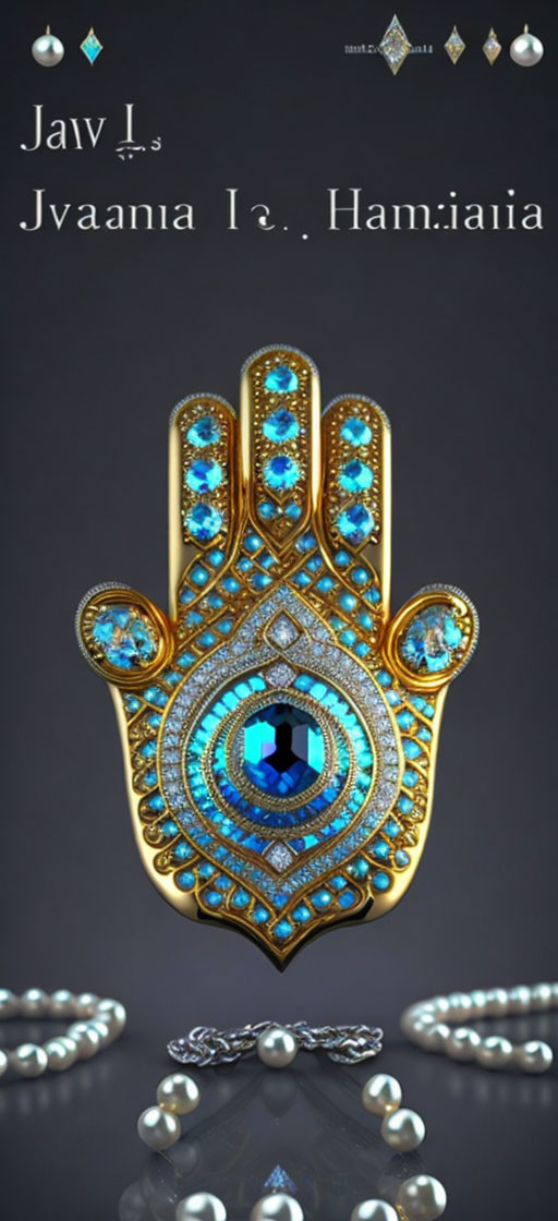 Luxurious Blue Gemstone Hamsa Hand Talisman with Gold Detailing