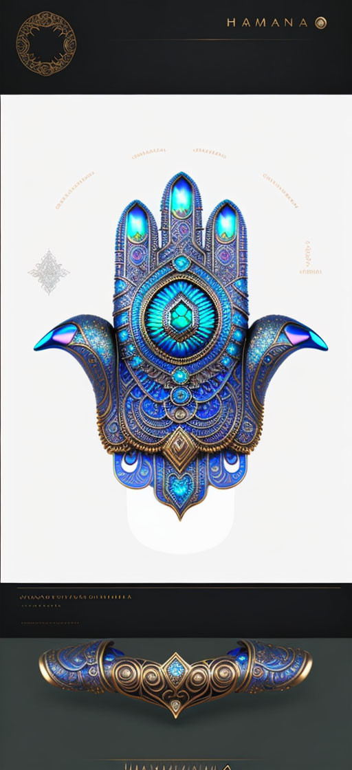 Intricate Blue and Gold Hamsa Hand Artwork on Black Background