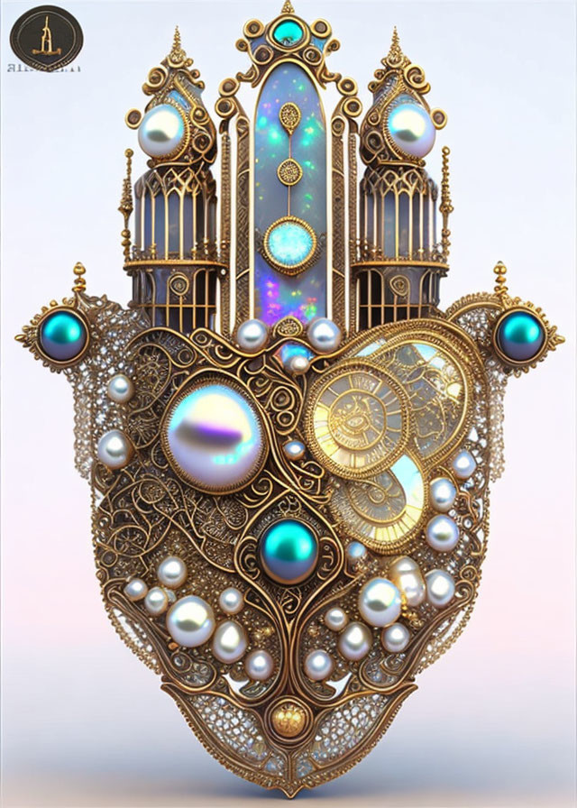 Golden heart-shaped object with opalescent orbs and intricate filigree designs