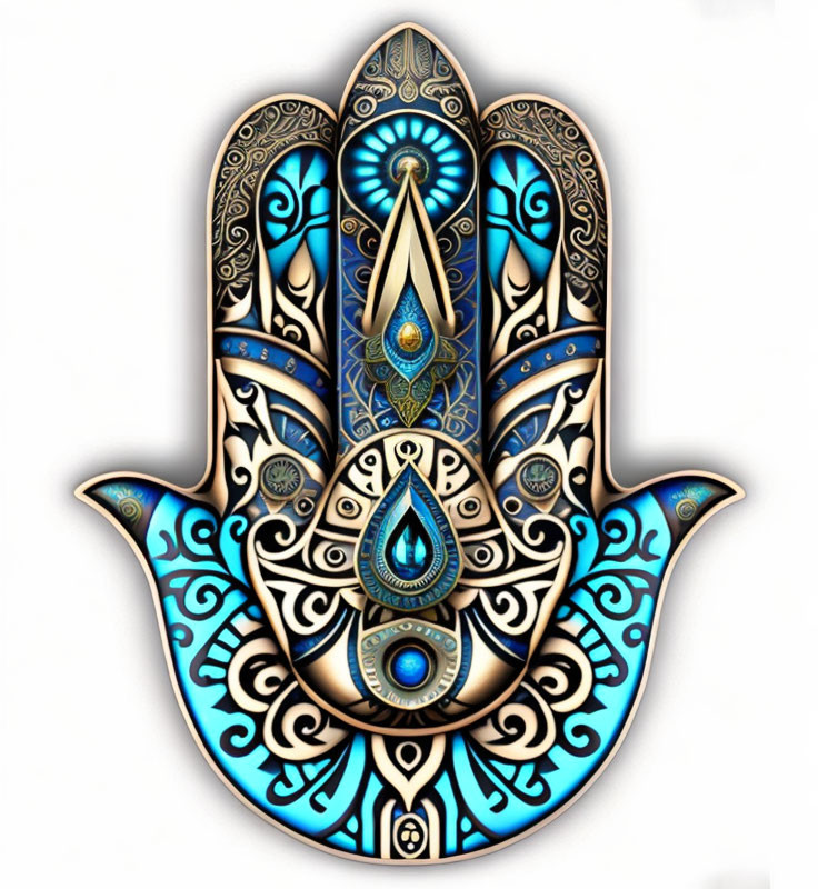 Decorative Hamsa Hand with Blue and Gold Patterns