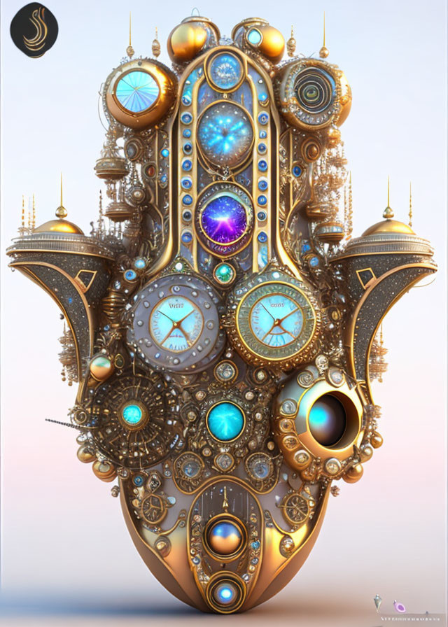 Symmetrical digital artwork: Mechanical tree with clocks, celestial motifs, gemstones