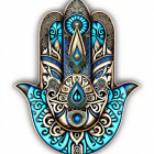 Colorful Hamsa Hand with Intricate Patterns in Purple, Gold, and Turquoise