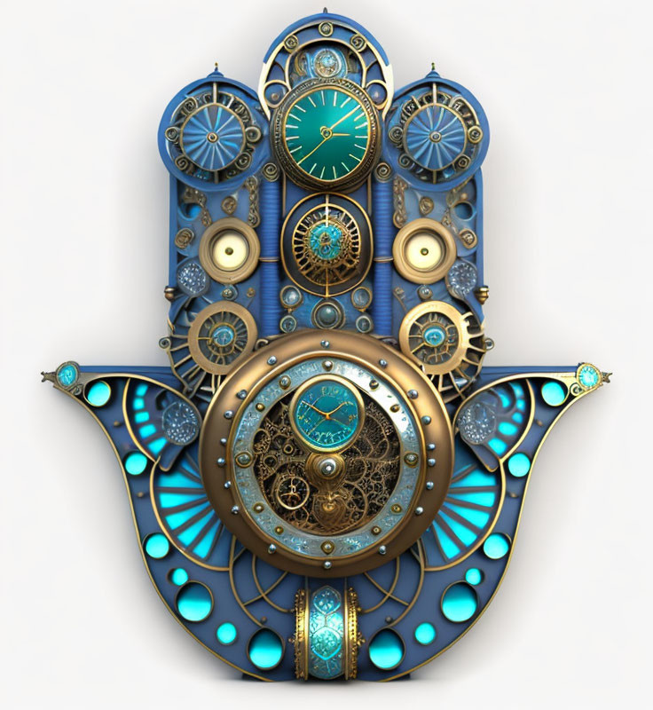 Steampunk-inspired design with clock faces, gears, and blue accents on white.