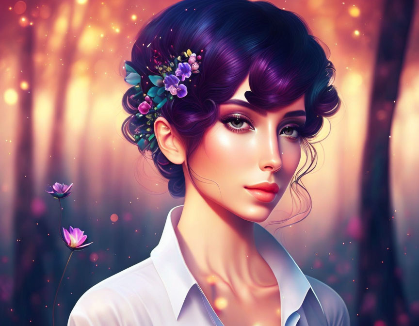 Illustration: Woman with Purple Hair and Flowers in Enchanted Forest