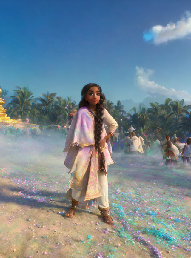 Vibrant festival scene with animated young girl in traditional attire