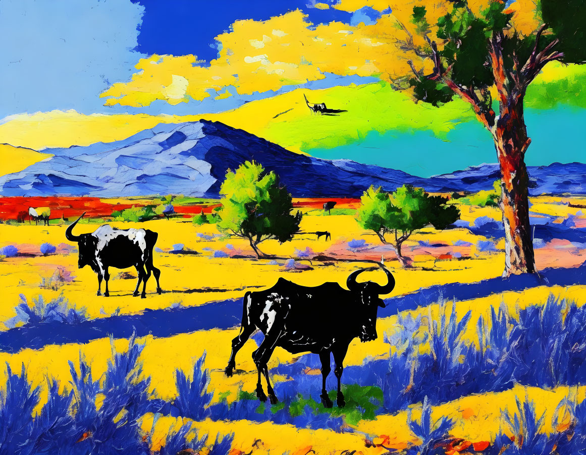 Colorful impressionistic painting: two black bulls in meadow with trees, yellow sky, mountains,