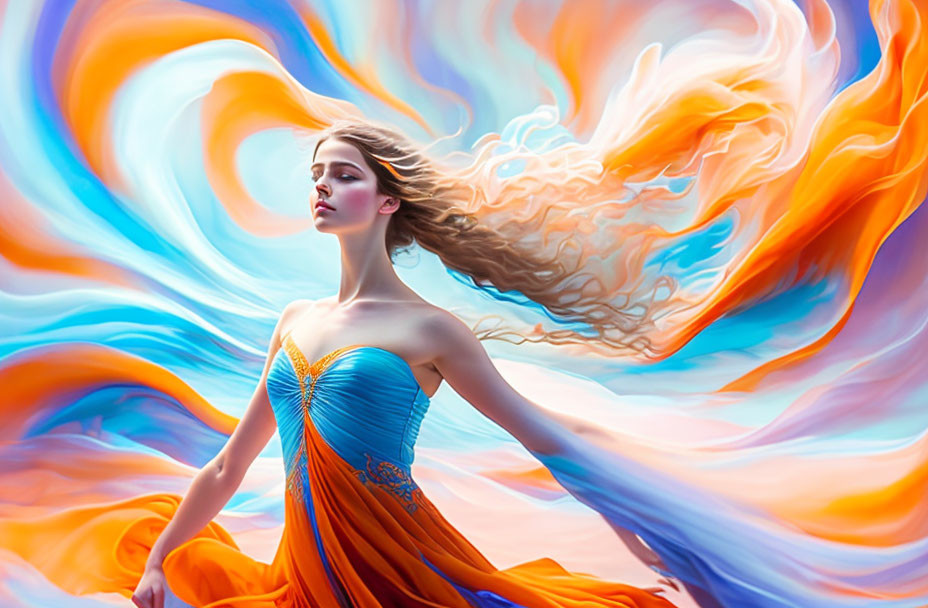 Woman in Orange Dress with Swirling Blue and Orange Background