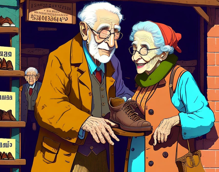 Elderly animated couple smiling in front of cobblers store