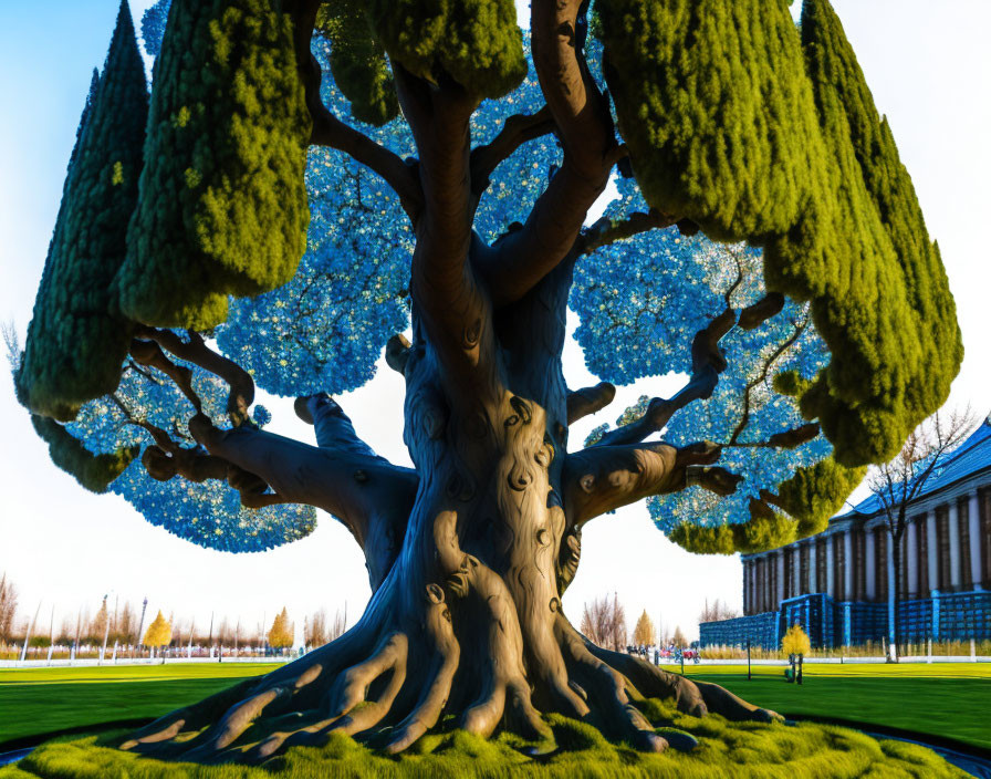 Sculpted tree with thick trunk and whimsical branches against blue sky