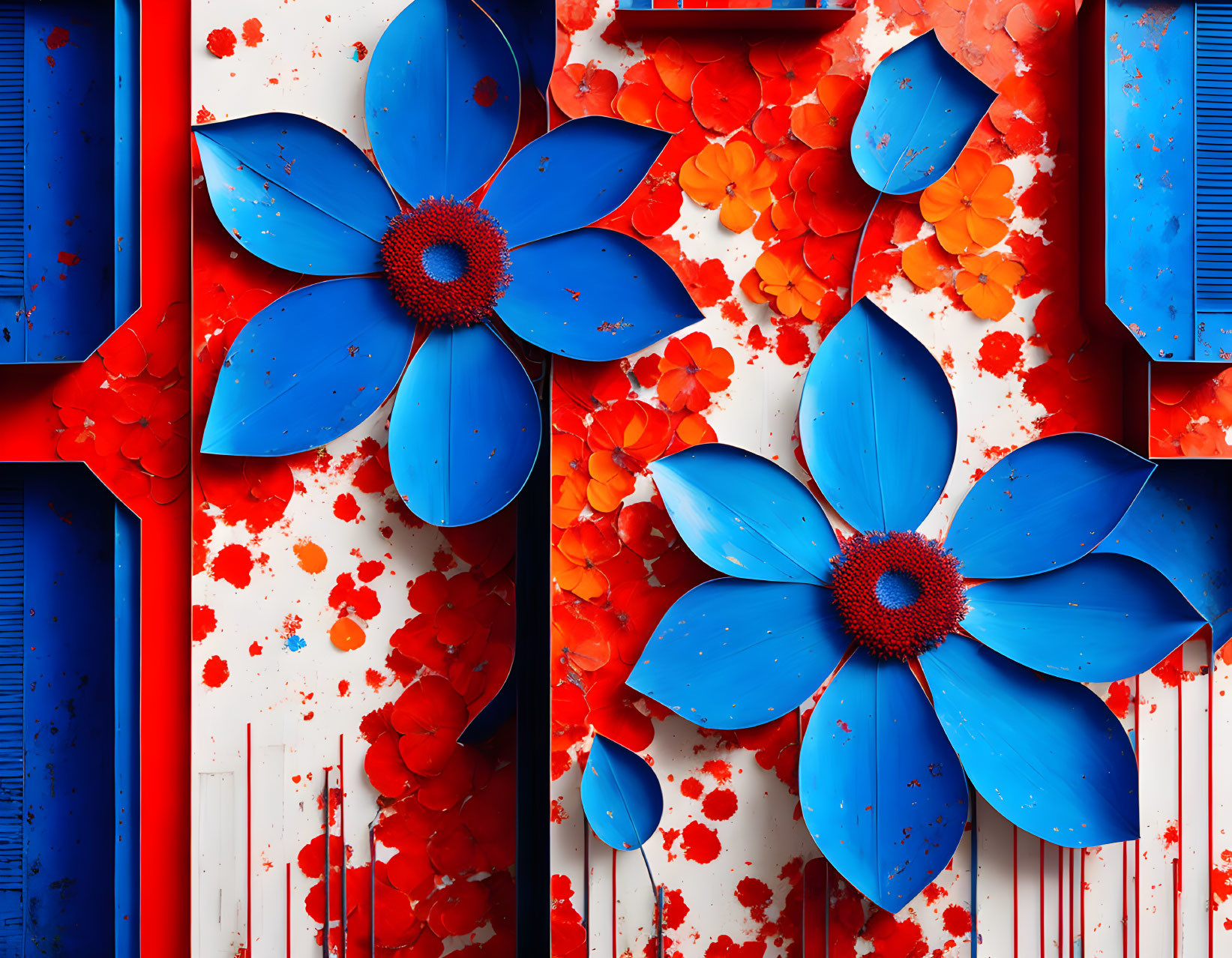 Vibrant 3D blue flowers with red centers on white background with red splashes