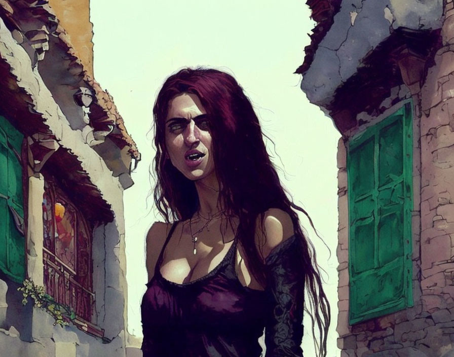 Dark-haired woman in purple top among dilapidated buildings.