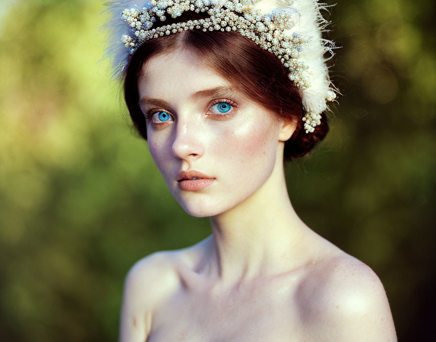 Woman with Striking Blue Eyes and Floral Headpiece Against Blurred Green Background