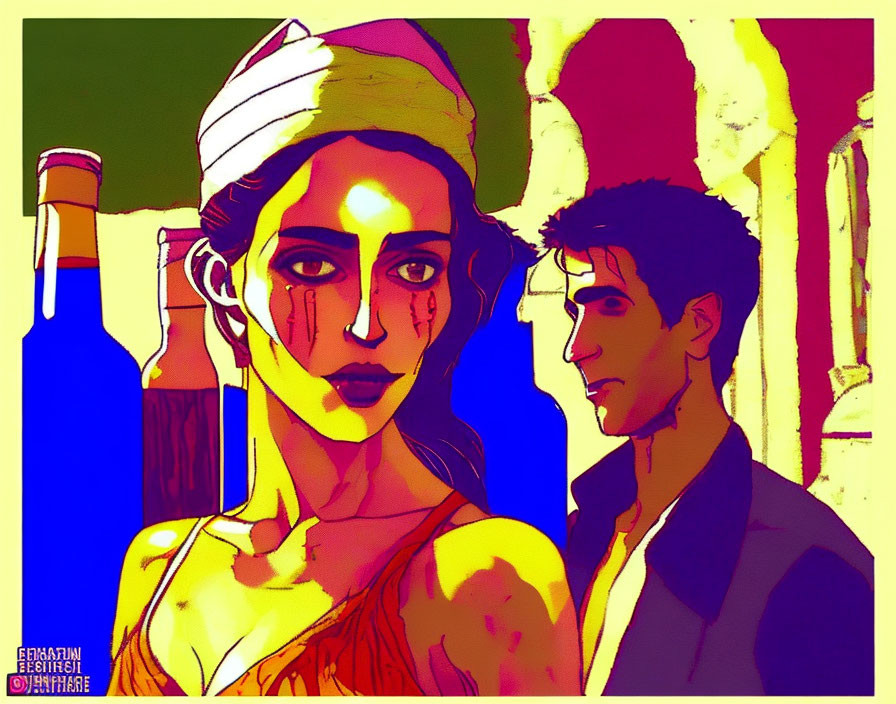 Illustrated woman in headwrap and man in suit with colorful bar background.