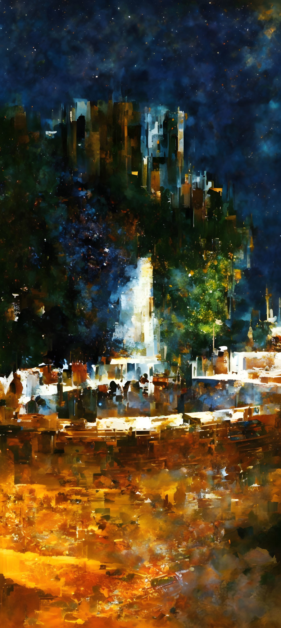 Vibrant impressionistic painting: castle at night with starry sky