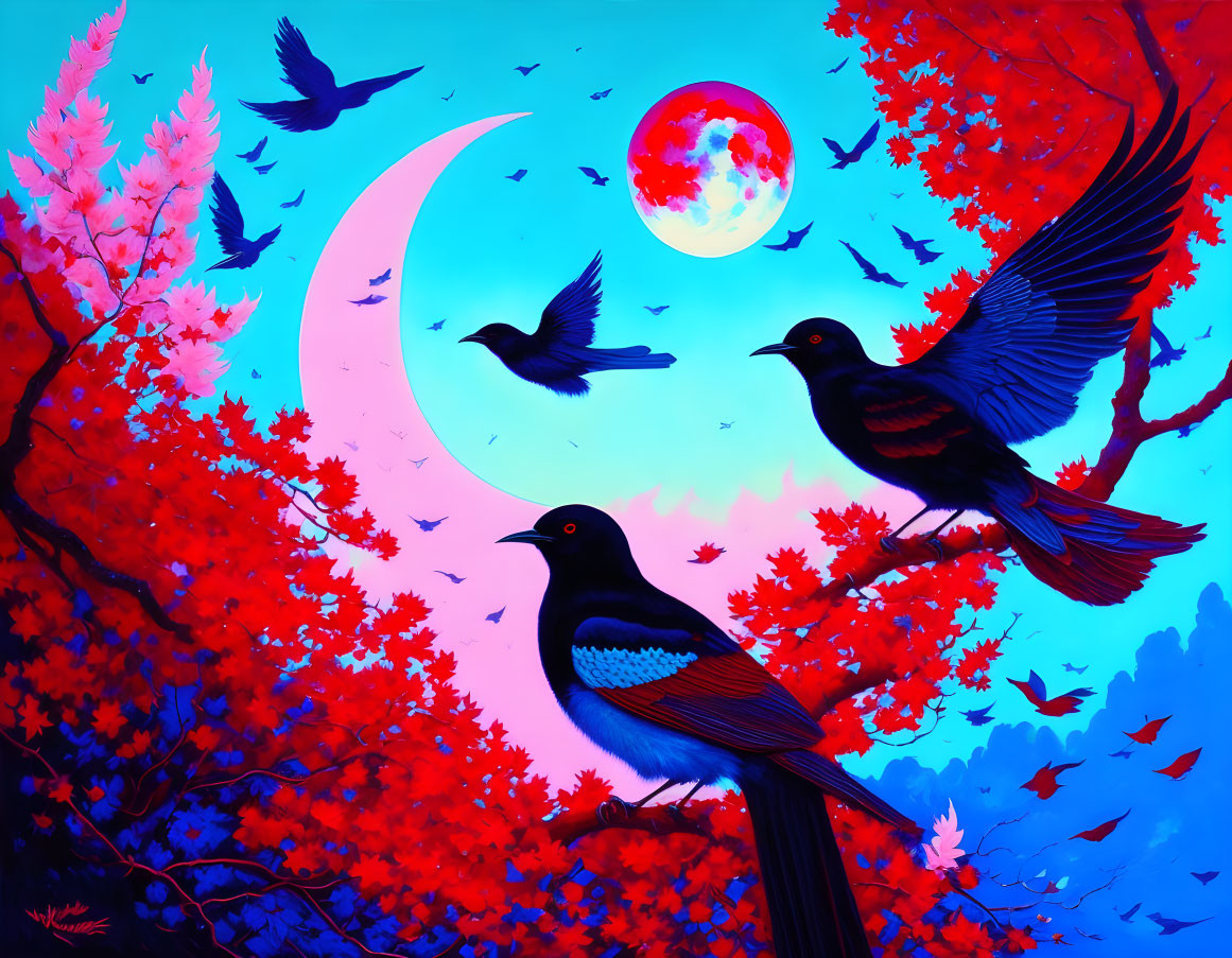 Colorful illustration of blackbirds in red and pink foliage with crescent and full moons in surreal sky