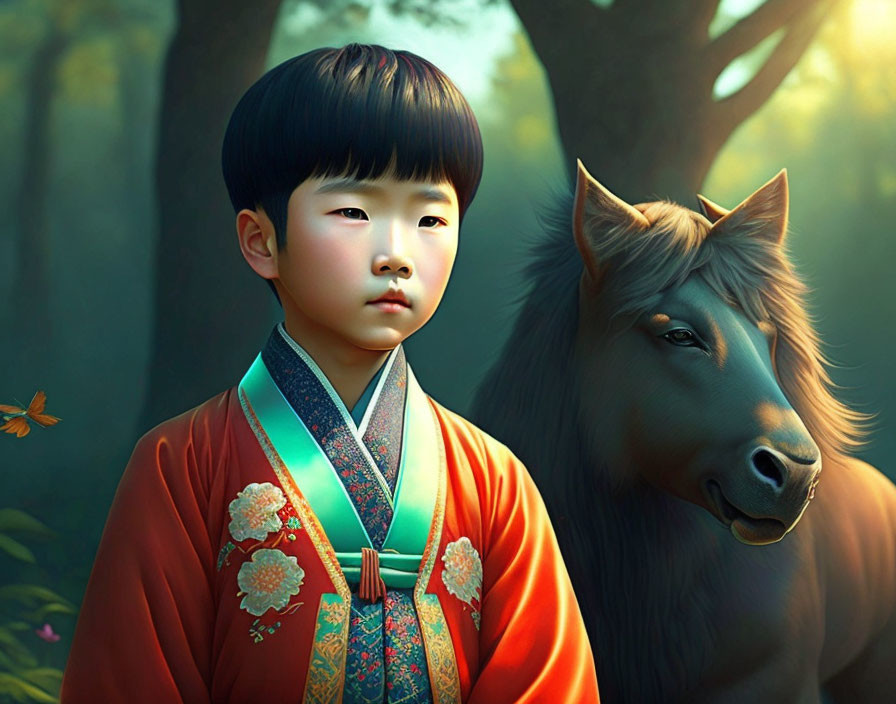 Young child in Korean hanbok with horse in sunlit woods - serene scene.