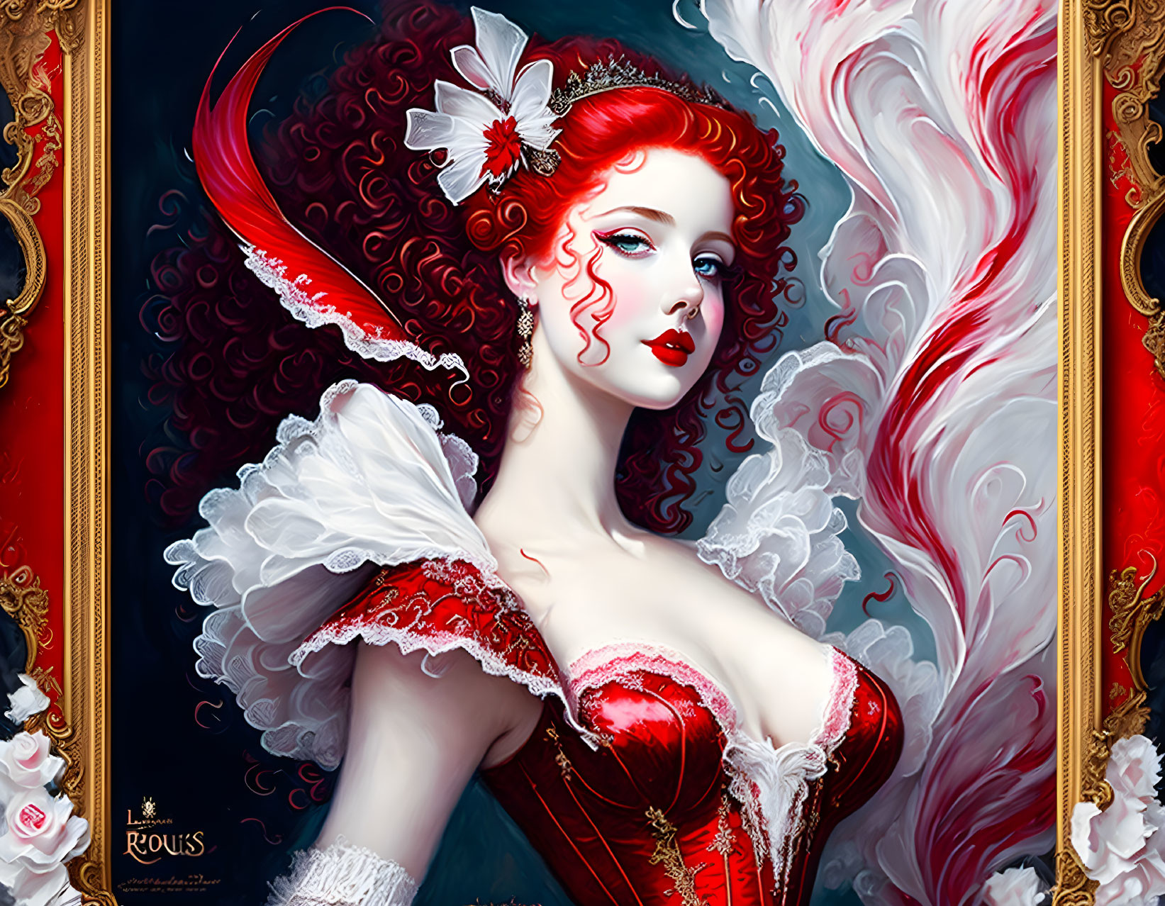 Vibrant illustration of woman in red and white dress on ornate background