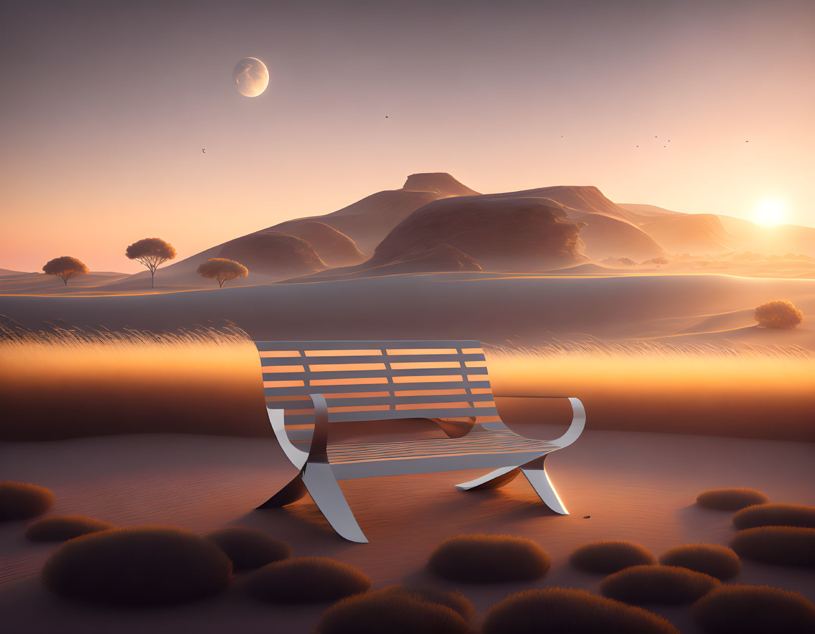 Tranquil sunrise over sand dunes with bench and distant planet