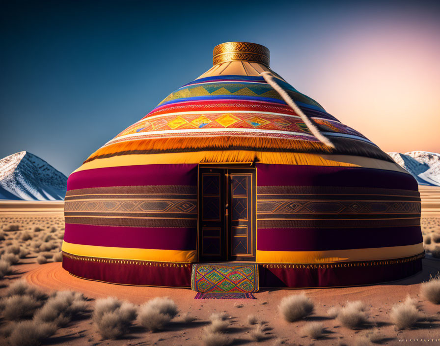 Colorful traditional yurt in desert landscape with snowy mountains