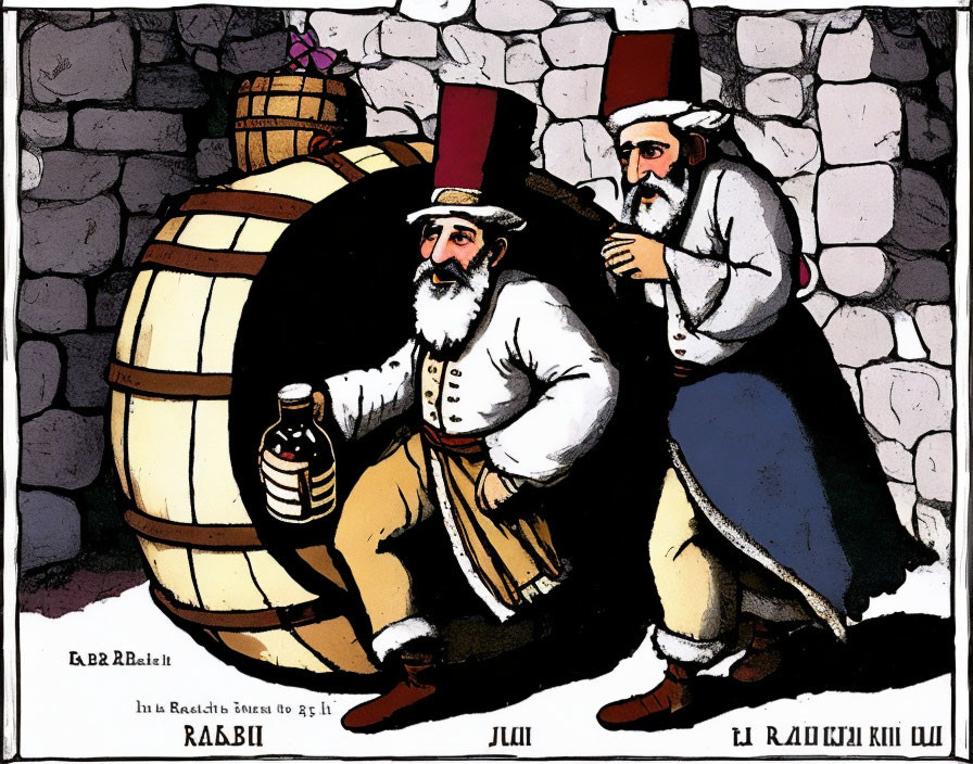 Animated characters in traditional attire by a barrel with a bottle and stick