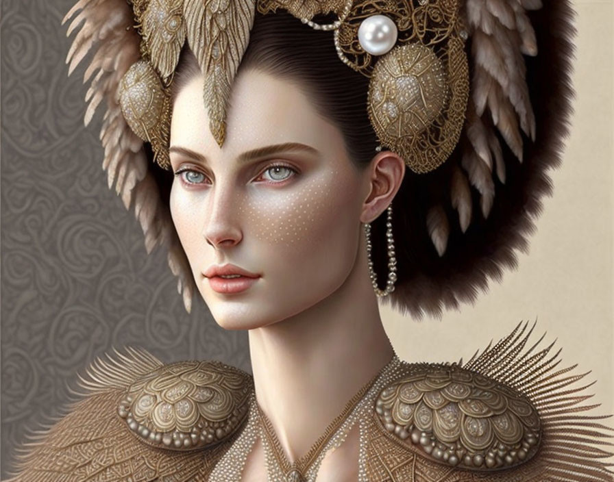 Digital portrait of woman with feathered headpiece, pearl earring, and ornate shoulder armor