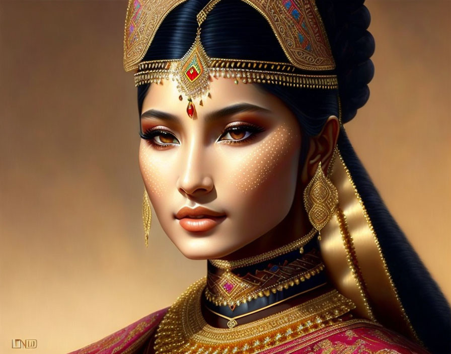 Traditional Indian jewelry and headgear on a woman with striking features