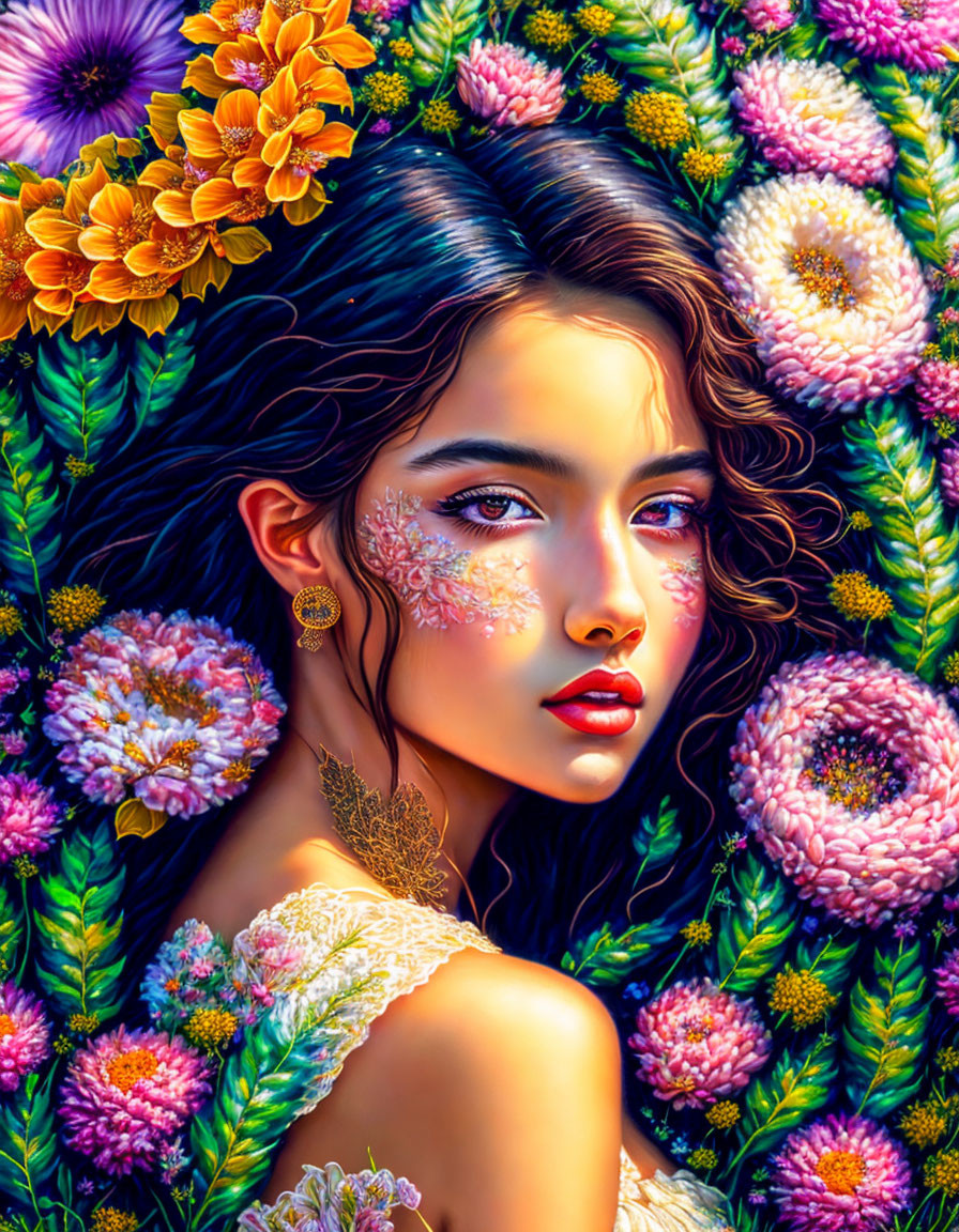 Portrait of woman with dark hair and captivating eyes in vibrant floral setting