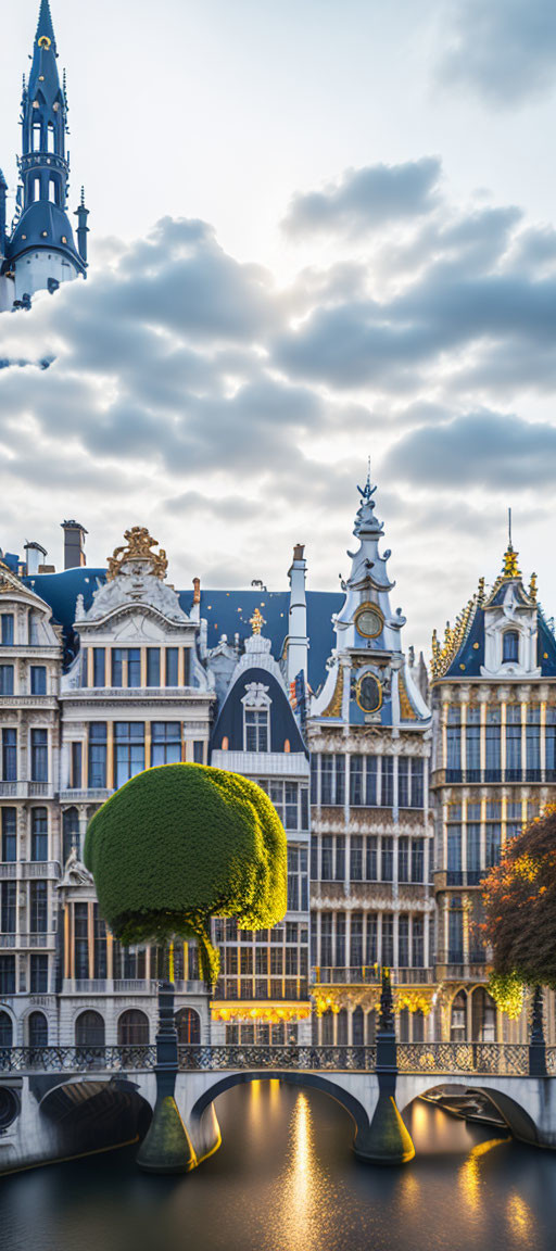 Ornate European buildings by canal bridge at sunset