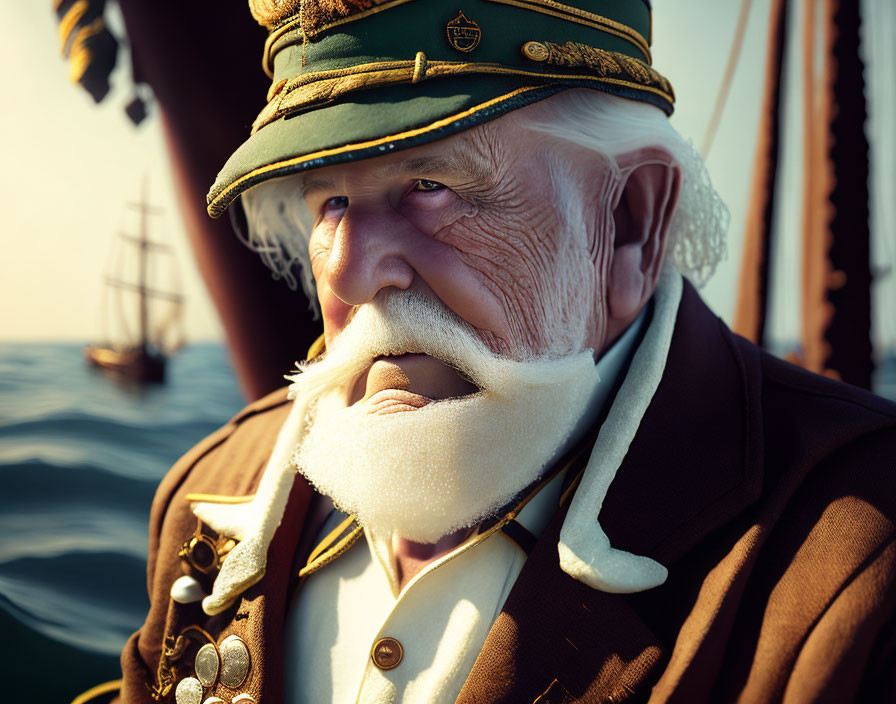 Elderly sea captain in military-style coat with medals beside ship's rigging