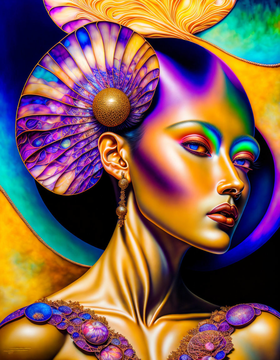 Vivid digital art: Woman with purple skin and golden jewelry