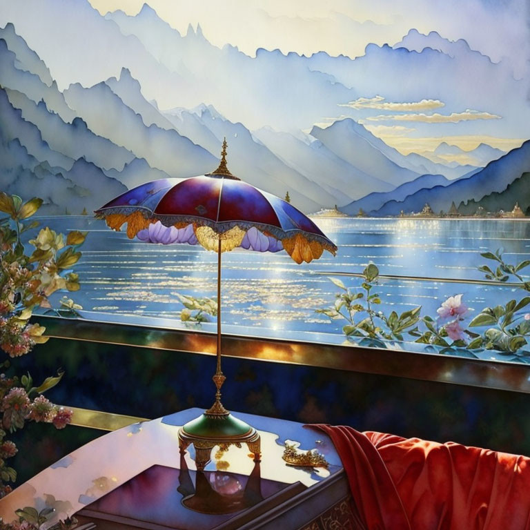 Ornate umbrella on balcony overlooking serene lake at sunset