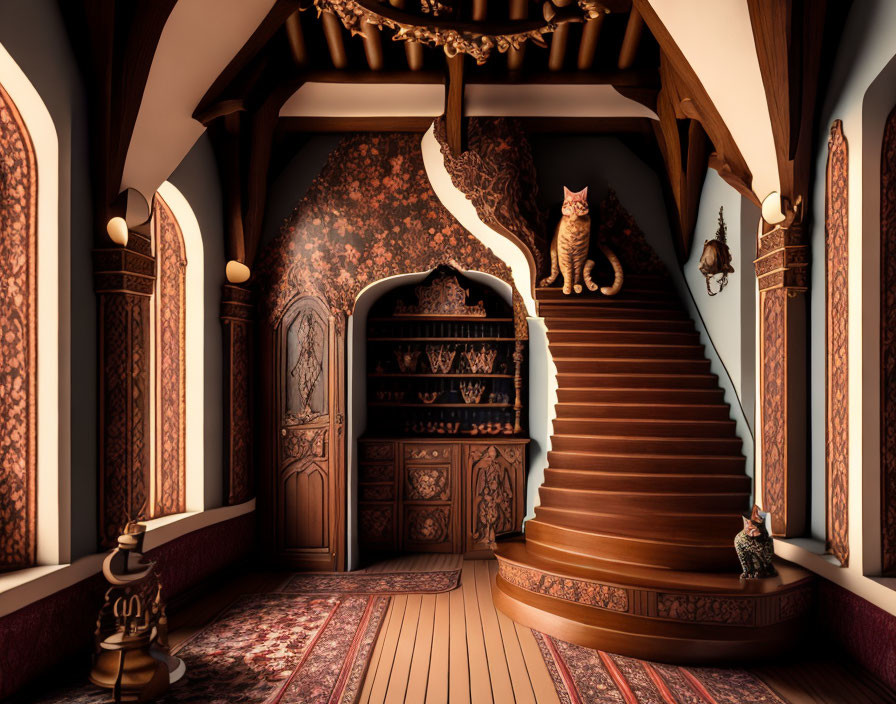 Luxurious interior with spiral staircase, Persian carpets, intricate patterns, and two cats.