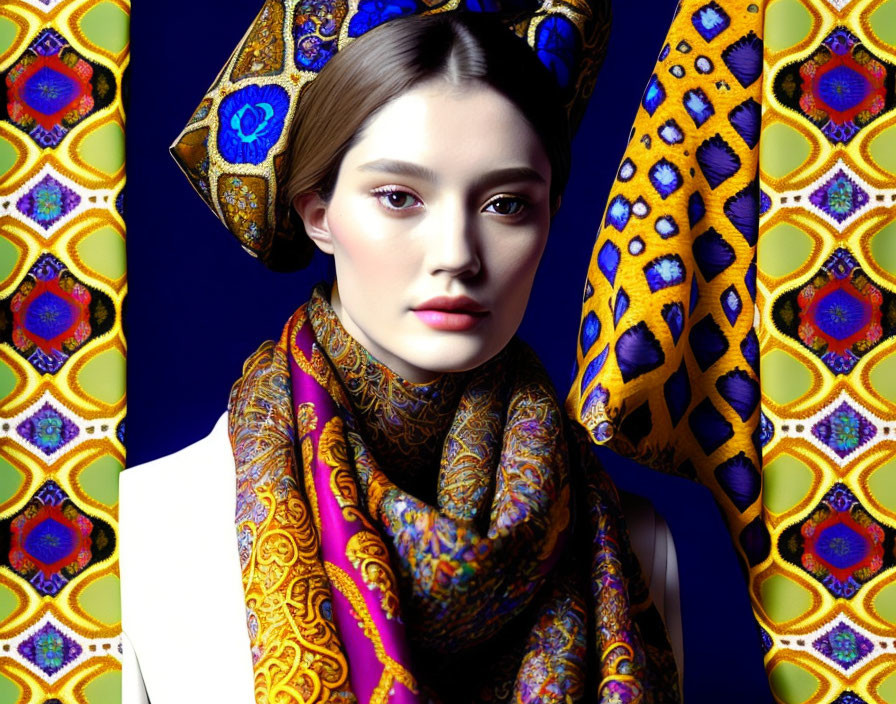 Elaborately made-up woman poses with vibrant textiles in yellow, blue, and purple hues