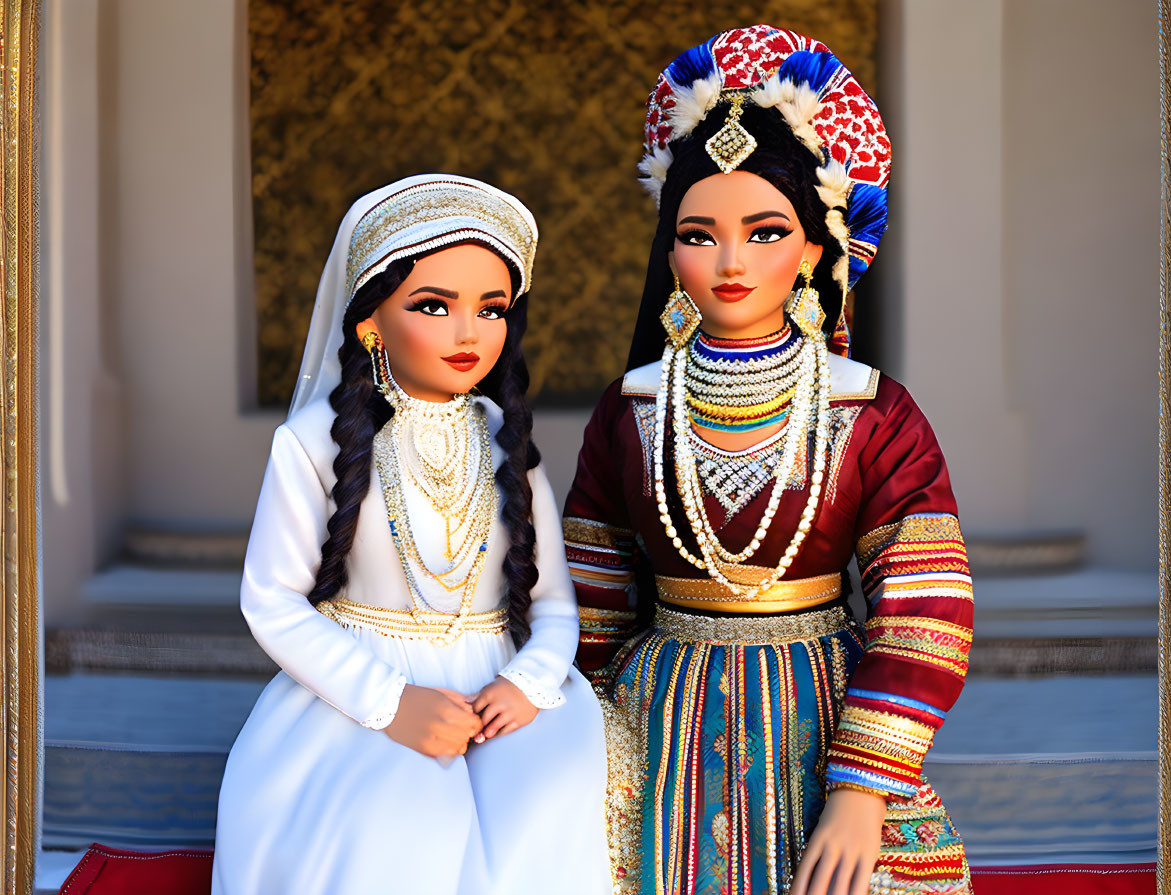 Traditional dolls in cultural attire with intricate details and jewelry on blurry backdrop