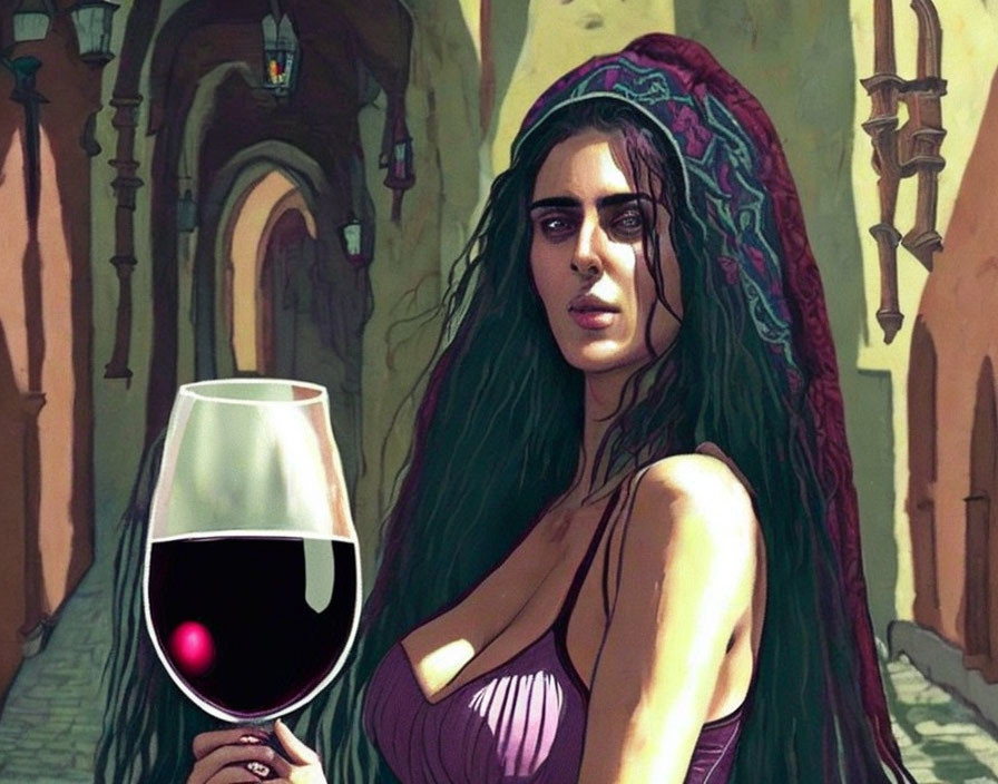 Woman with Green Hair Holding Wine Glass in Quaint Alleyway