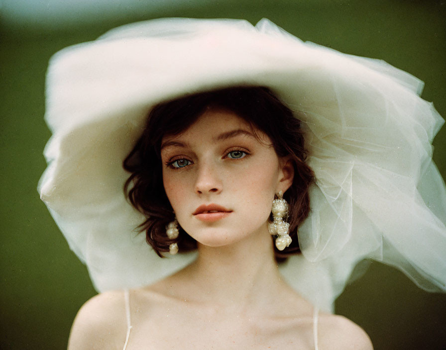 Woman in Sheer White Hat and Shoulder-Baring Dress on Soft Green Background