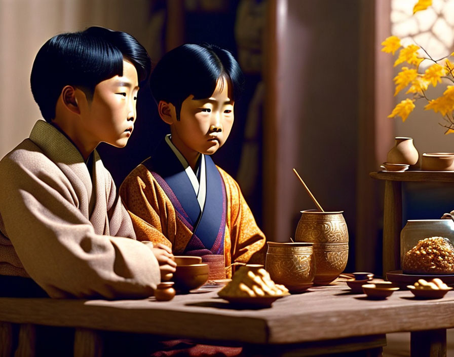 Traditional attire children having tea and snacks at a warmly lit table