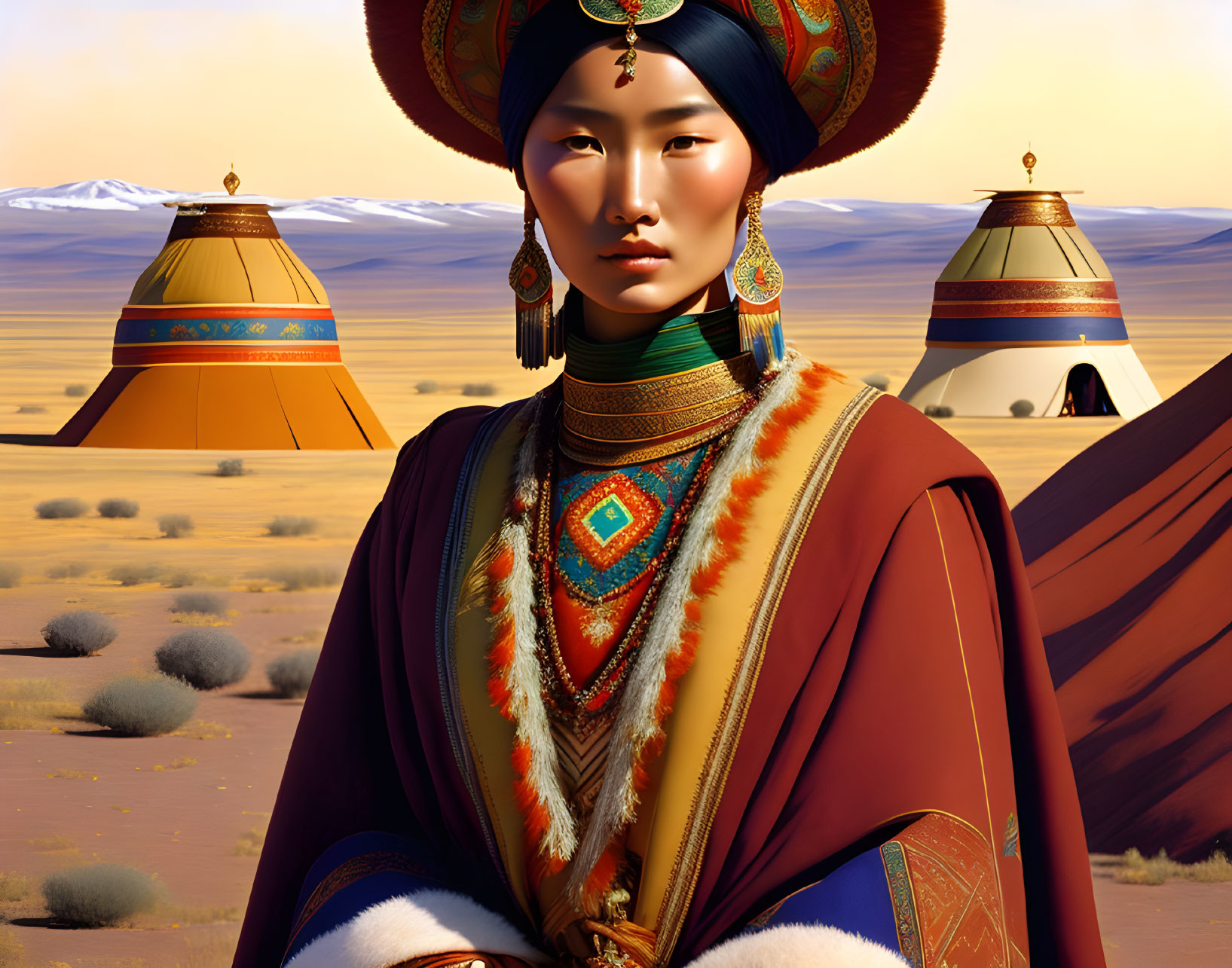 Digital artwork: Woman in Mongolian attire with headdress in desert setting