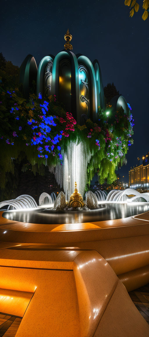 Futuristic illuminated fountain with cascading water and vibrant flowers