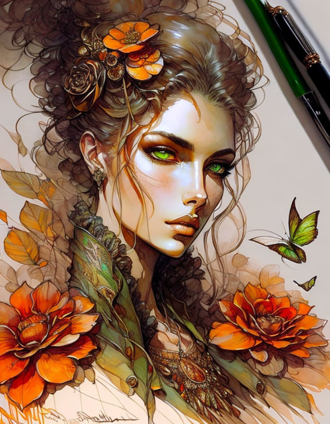 Illustration of woman with green eyes, orange flowers in hair, leaves around neck, and pen