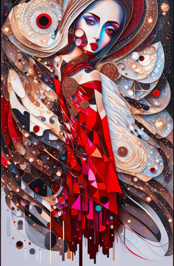 Abstract Artwork: Colorful Figure with Flowing Hair and Geometric Dress