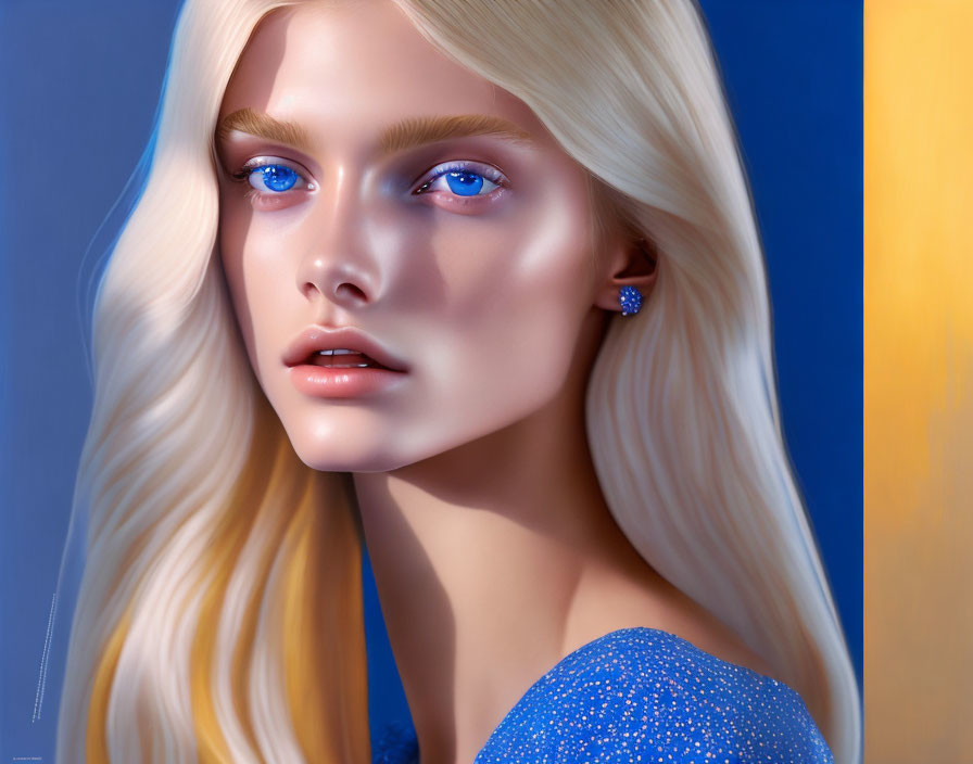 Digital artwork: Woman with blue eyes, blonde hair, blue earrings, sparkly top, on blue