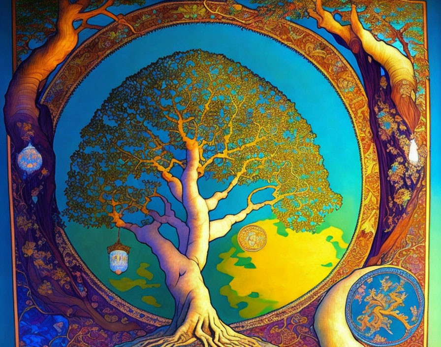 Vibrant tree painting with ornate patterns on blue and yellow backdrop