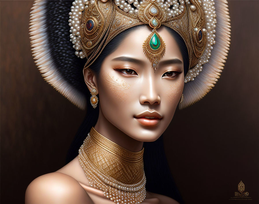 Elaborate golden headgear with peacock feather motif in digital portrait